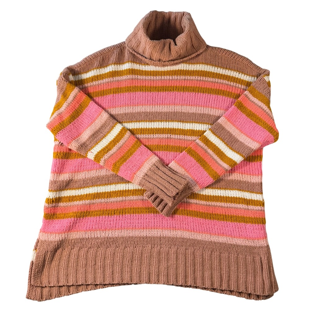 Aerie Chenille Turtleneck Sweater Pink Orange Striped Oversized Knit Small